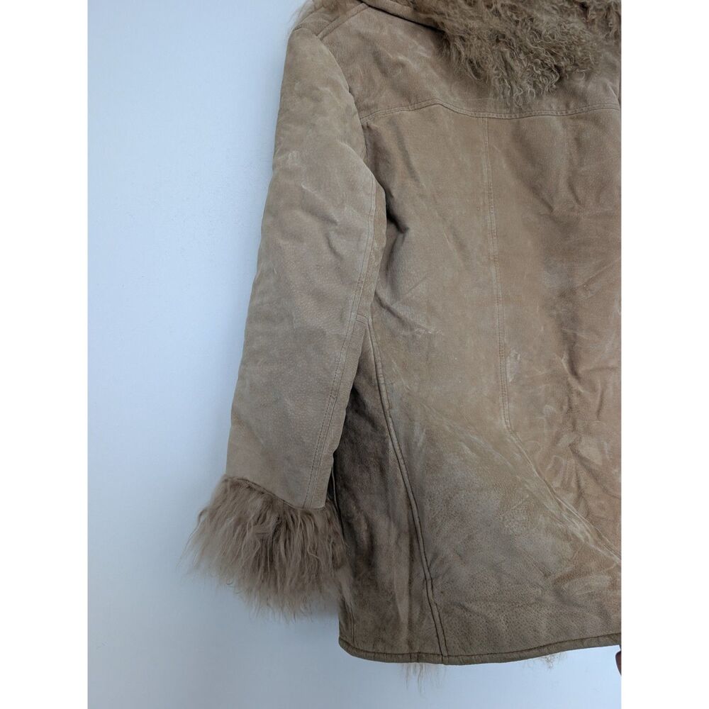 Vintage Real Leather Fur Trim Tan Penny Lane Longline Coat Jacket Sz S XOXO - Picture 16 of 16